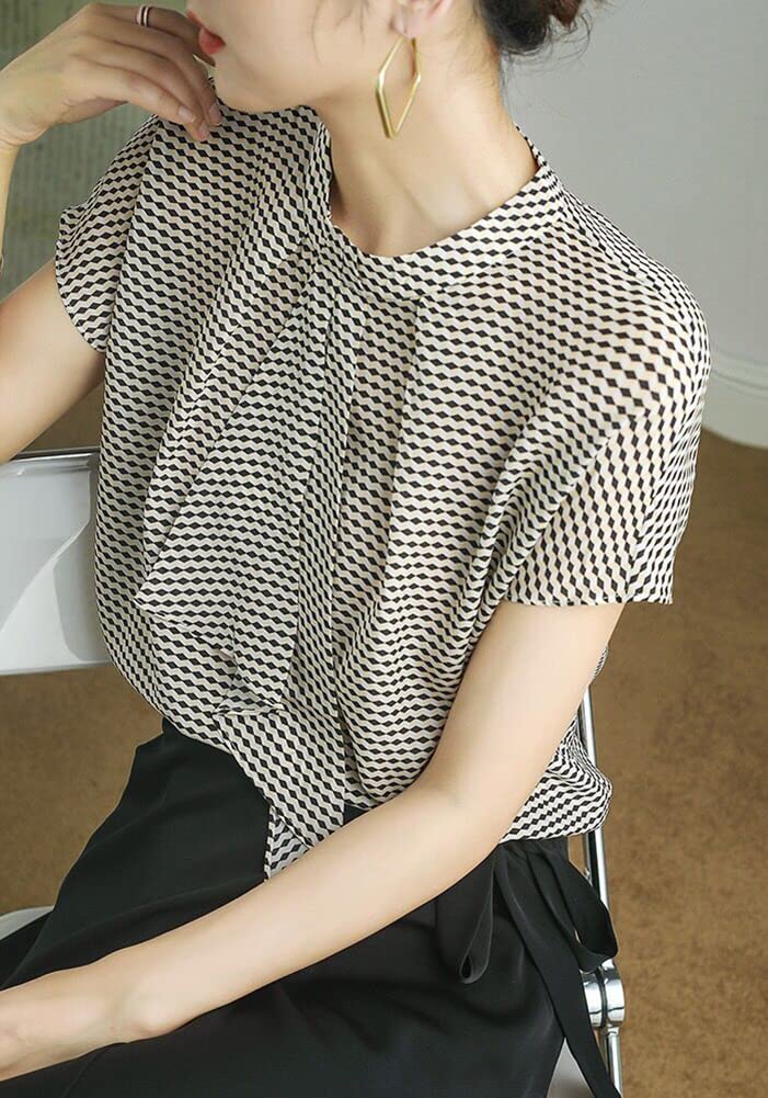 Blouse Summer Tops Checkered Shirt Chiffon Ribbon Short Sleeve Top Elegant Adult Slimming Stylish Formal Office OL Commuting Neat [H. Zroy] Women's