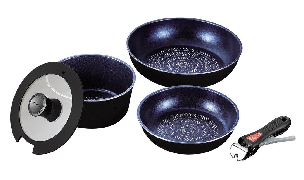 

Pearl Metal pot and frying pan set with removable IH blue diamond coat 2 frying 1 glass 1 Luxpan 5-piece handles, compatible, (1 pot, pans, lid, чёрный