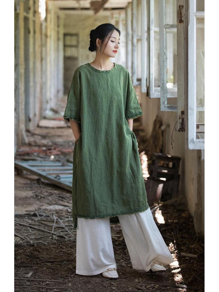 Frühling/Sommer Damen Baumwolle Leinen Fünf-Ärmel Ramie Zen Kleid