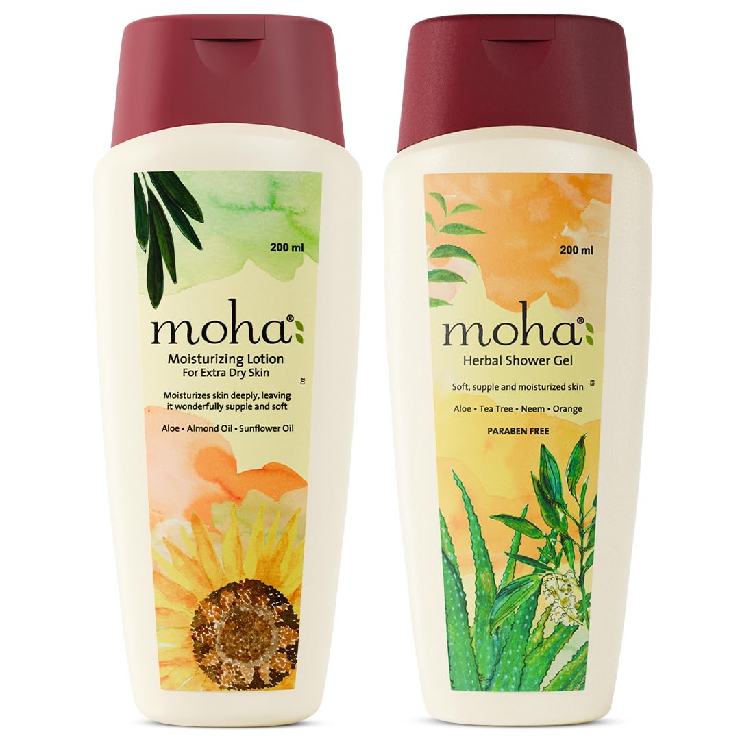 Moha Herbal Shower Gel - 200 Ml & Moisturizing Lotion - 200 Ml Combo with Aloe Vera, Coconut, Almond, Sunflower & Olive Oil, Neem, Tea Tree & Orang
