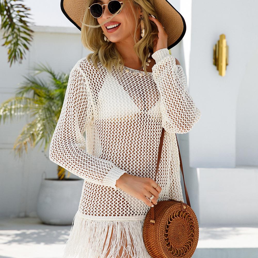 Spring and Summer New Plus-size Women's Beach Fringed Bikini Long-sleeved Hollowed-out Knitted Sweater