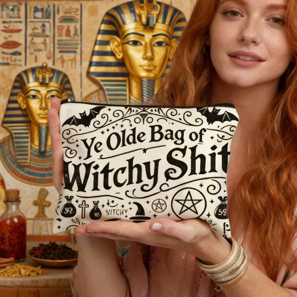 

Mysterious Witch Makeup Bag, Crescent Star & Broomstick Potion Cat Pattern, Witchy Cosmetic Pouch for Women зелёный