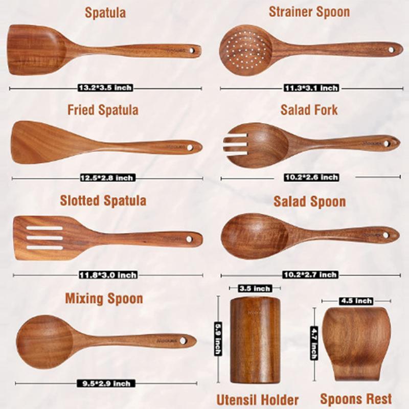 Natural Wood Kitchen Utensil Set  Eco-Friendly Cooking Tools Incl Skimmer Spoon Salad Scoop Non-Stick Rice Colander for Soup