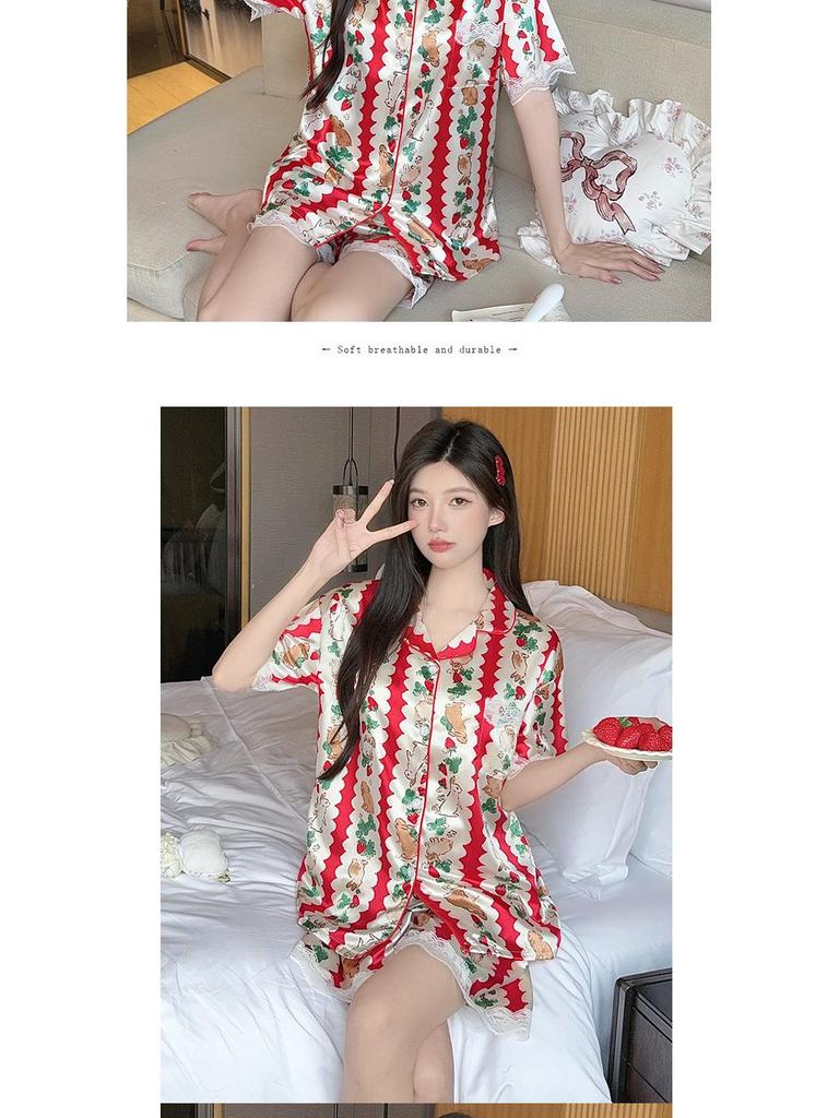 Sweet Strawberry Bunny Christmas Style Women's Ice Silk Pajamas Set: Short Sleeve Summer Homewear
