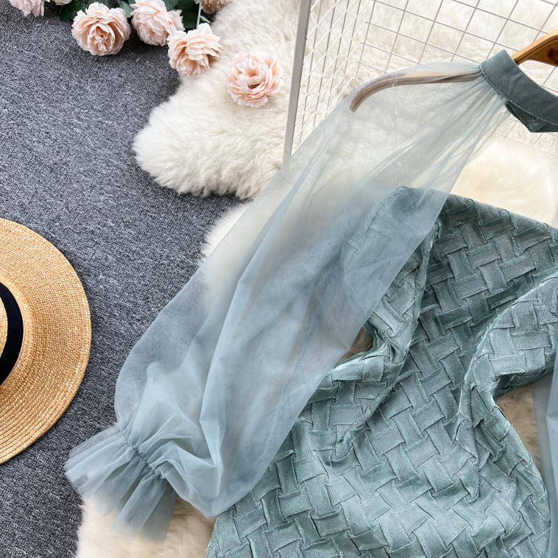 Elegant Sexy High Waist One Piece Dress Women Patchwork Mesh Lantern Long Sleeve Sexy Mini Dress Lady Vacation Slim Chic Party Ceremonial Dress 2024