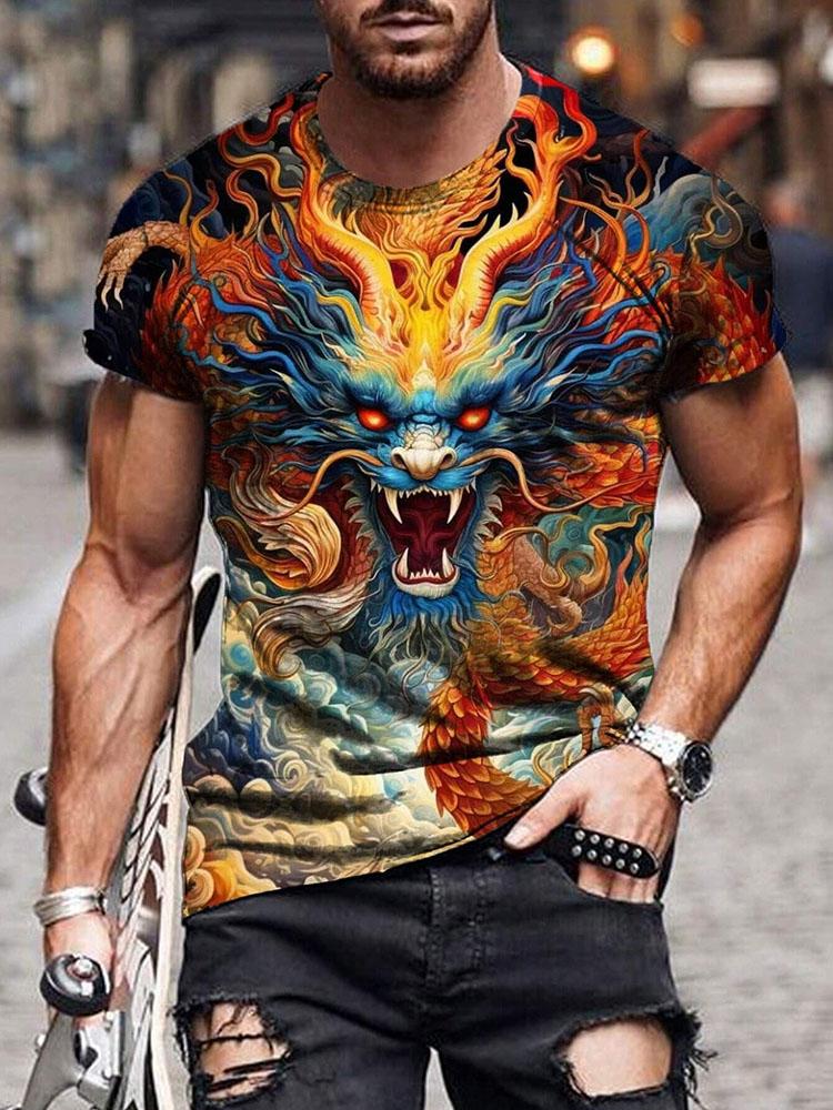 New Summer Daily Casual Men's Tops Street Fashion Dragon And Skull Printed Men's T-shirt Outdoor Sports Light Mens Tee
