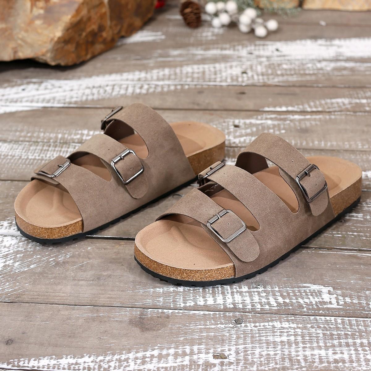 

Шлепанцы с плоской подошвой и пряжкой для женщин 2025 лето новый ленивый стиль, повседневные и удобные, крутые шлепанцы Boken для женщин 43 хаки