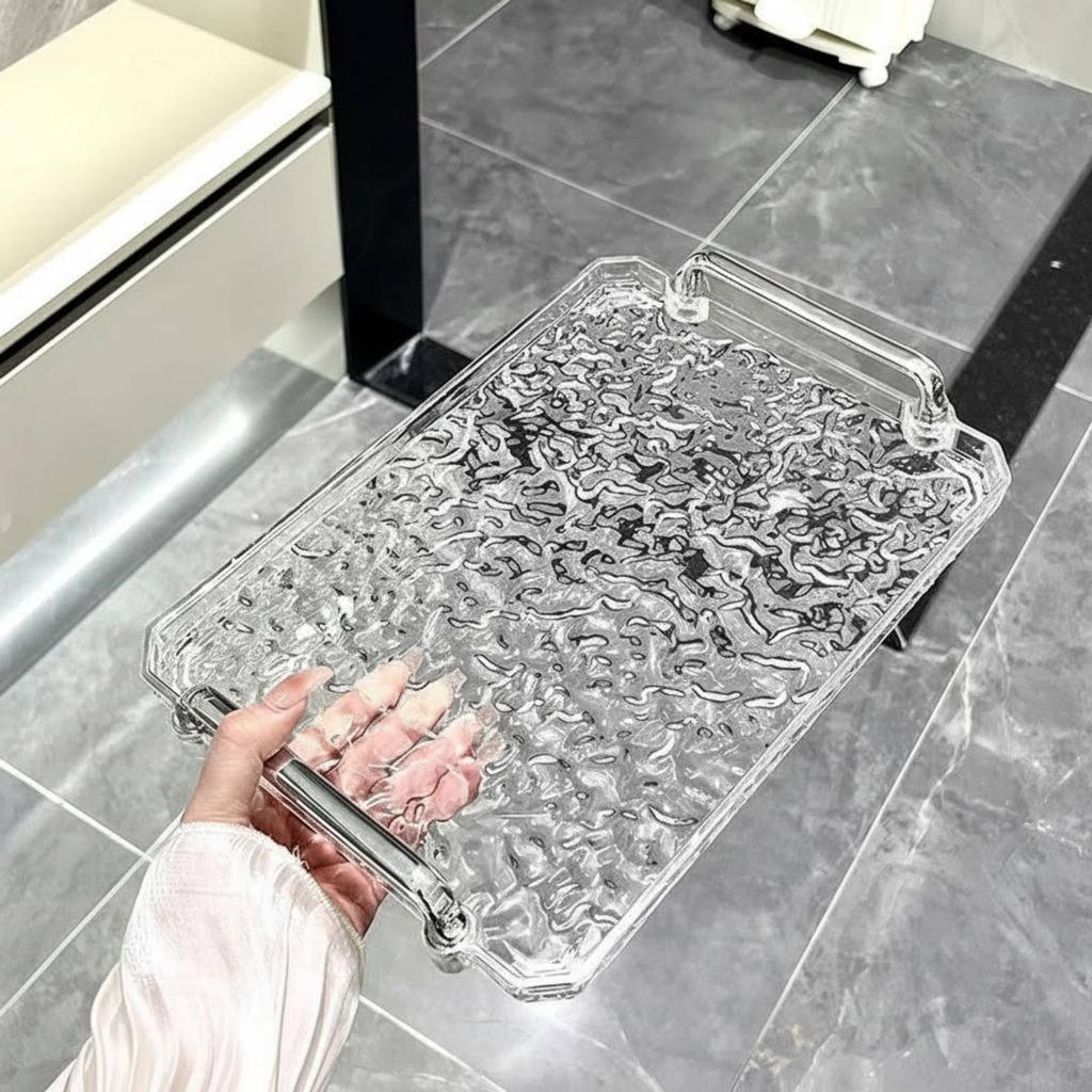 Water Wave Tray with Handles Versatile Rectangular Vanity Tray Clear Decorative Platter Bright Luxury Design for Living Room