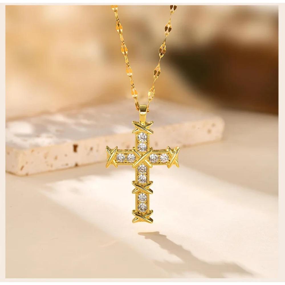 Cross Zircon Pendant Necklace for Women, 18k Gold Plated Clavicle Chain Necklace Religion Jewelry