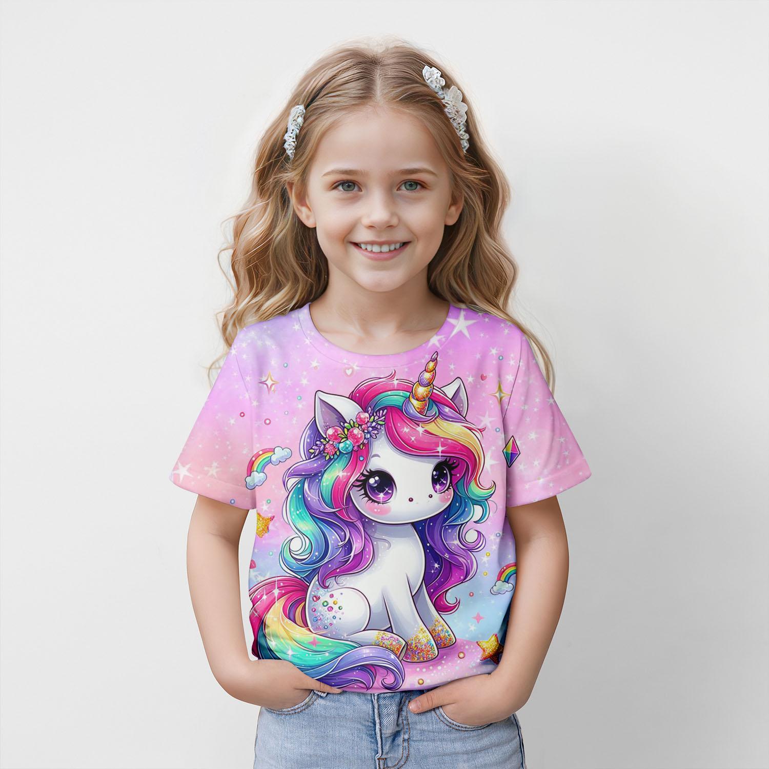 Xuhaijian02 Meisjeskleding Kinder T-shirt Korte Mouw Schattige 3D Cartoon Print Kinder Zomerkleding Roze Casual Meisjes Top Kinderkleding 130