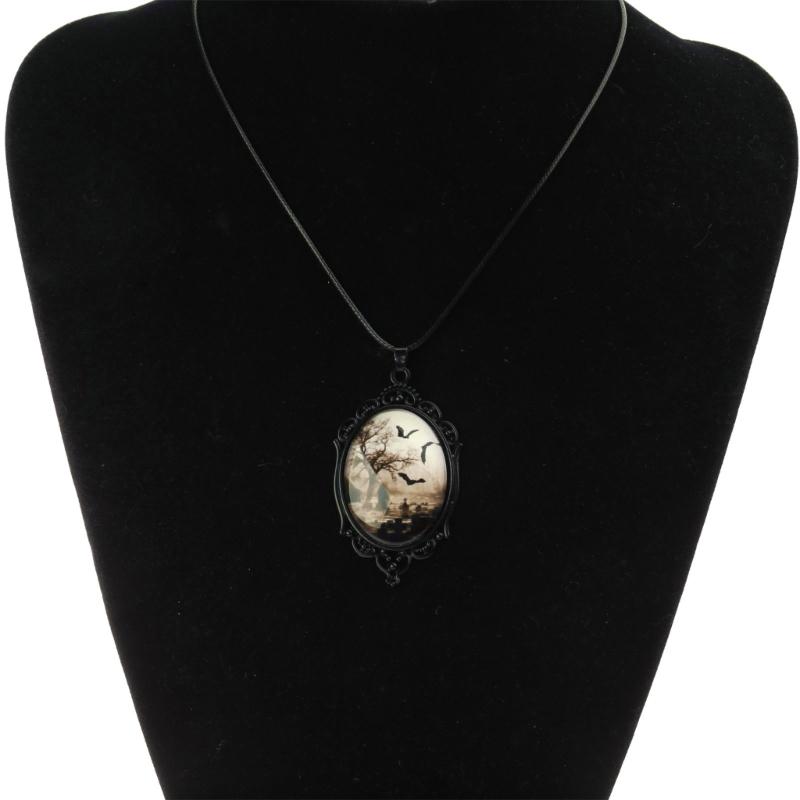 Fashion Gothic Style Necklace Vintage Bat Cemetery Glass Pendant Necklace Halloween Party Jewelry Clavicle Chain