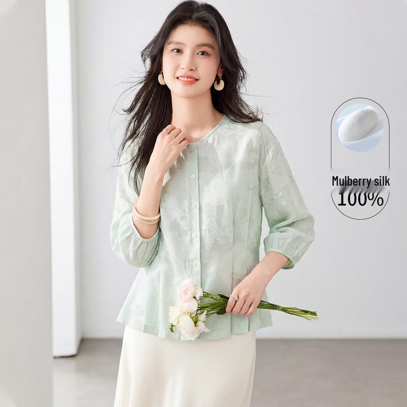 Elegant Floral Jacquard Mulberry Silk Round Neck Top XL