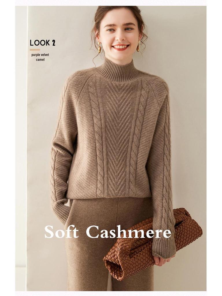 Women's Thickened Cashmere Sweater - Autumn/Winter, Half-High Neck, Twist Pattern Pullover, Casual Fashion.