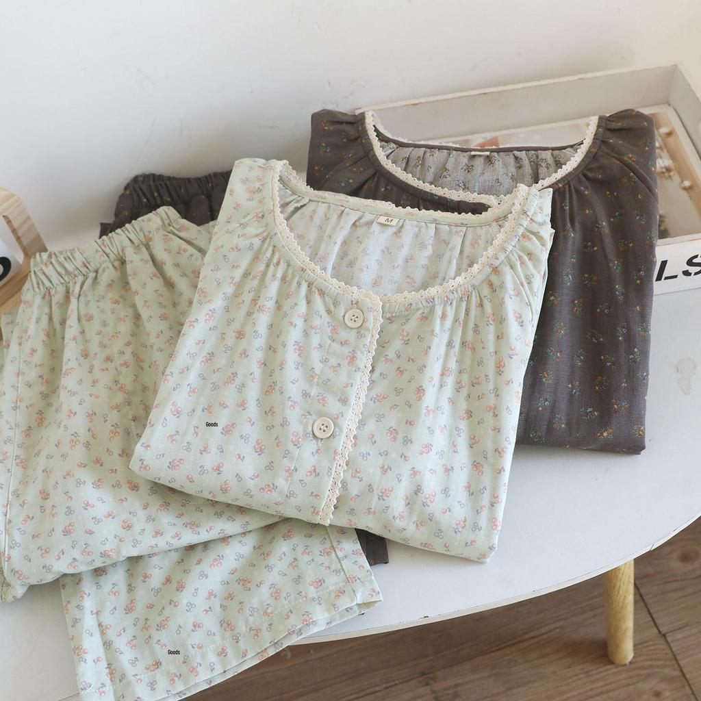 Women's Forest Floral Cotton Pajama Set - Long-Sleeve Gauze Cardigan, Sweet & Loose Nightgown for Spring & Autumn.