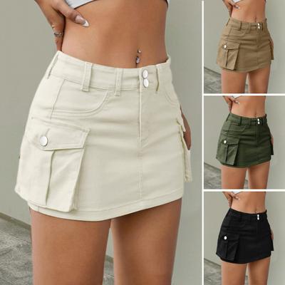 Mulheres Mini Saia Jeans Cintura Baixa Carga Saia com Bolso Cor Sólida Botão Zíper Fly Saia Curta Streetwear