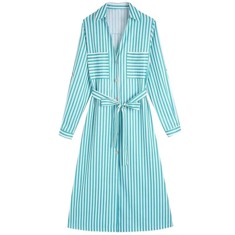 Fashion Style Women's Clothing 2024 Summer New Arrival Long Sleeves Waist-Controlled Lace-up Stripes Shirt Style Dress Mid Length Long Length