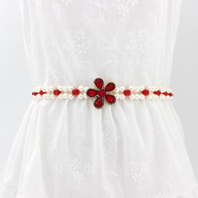 

Mei Flower buckle rhinestone inlaid pearl waist chain women s decorative belt dress elastic waistband красный