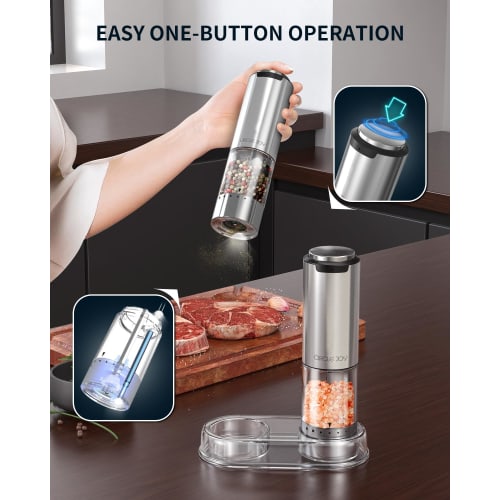 CIRCLE JOY Electric Pepper Mill, Stainless Steel, External Thickness Adjustment, 95ml Container, Storage Base, White LED Light, Set of 2, Silver
