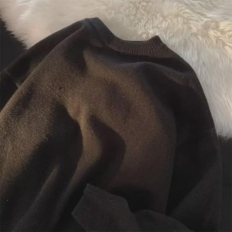 Men's Spring Loose Fit Round Neck Solid Color Pullover Sweater – Hong Kong Style Casual Top