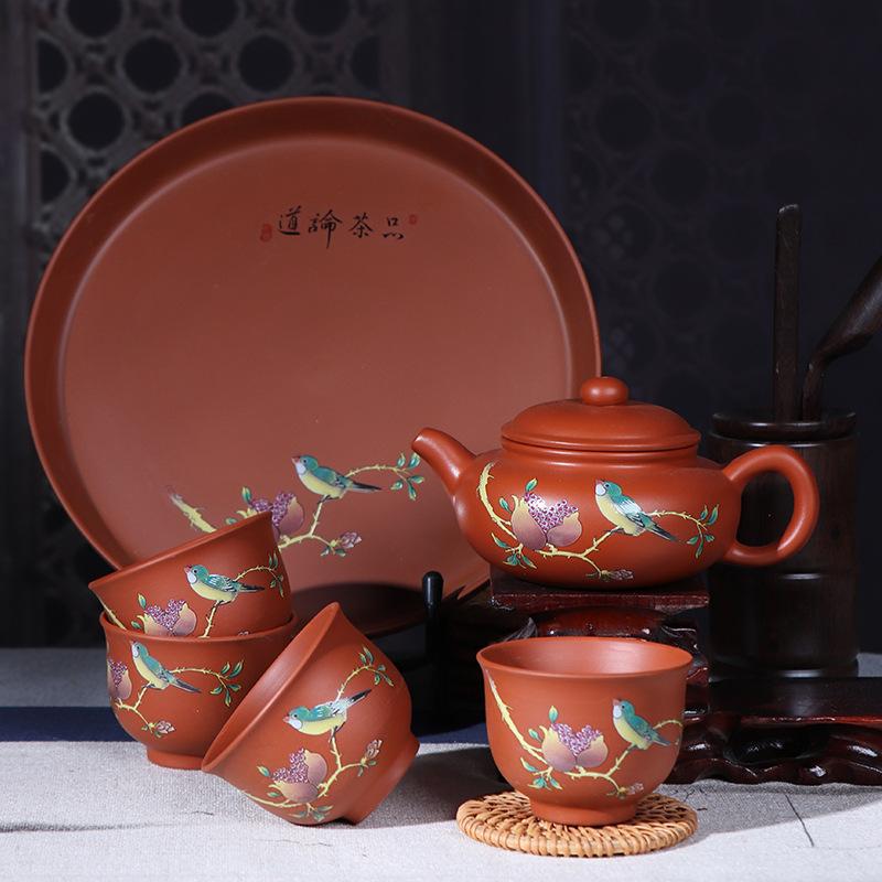 Raw Ore Purple Sand Teapot Handmade Zhu Painted Zhu Mud Tea Brewer Kung Fu Teapot Teacup Tea Tray Tea Set Household