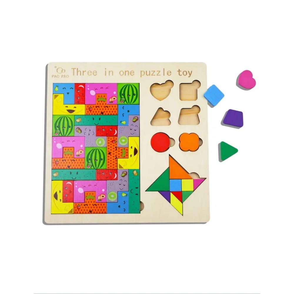 3 In 1 Wooden Puzzle Toy Color Shape Cognition Brain Games for Children Wood Jigsaw Puzzles Toys Tangrams for Children Kids