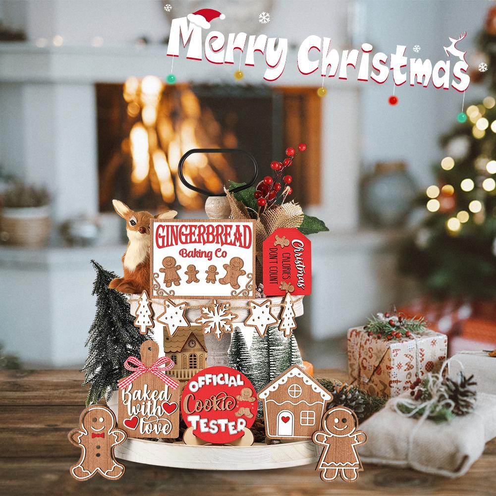 

12PCS/Set Wooden Christmas Gingerbread Man Tiered Tray Decor Cartoon Cute Gingerbread Man Sign Maple Leaves Decorative Tabletop