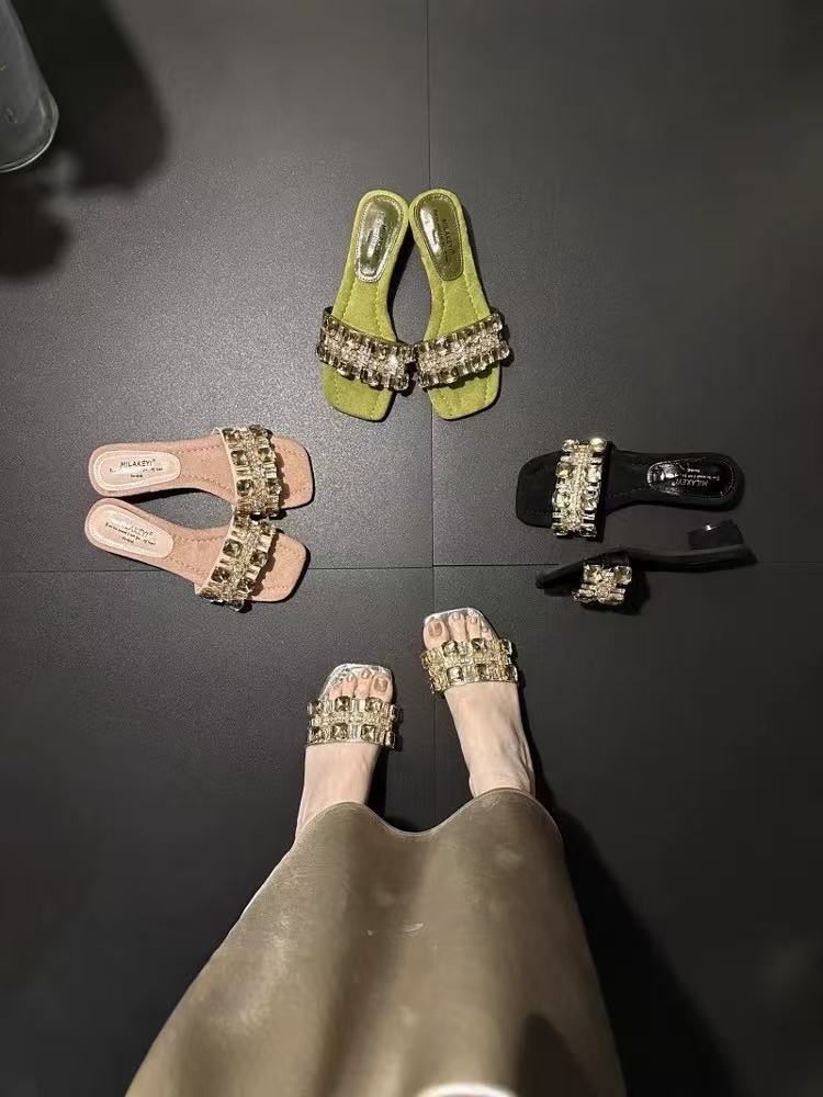 Slippers women's new French rhinestone square head thick heel open toe in the summer of 2025 wear versatile high-heeled sandals