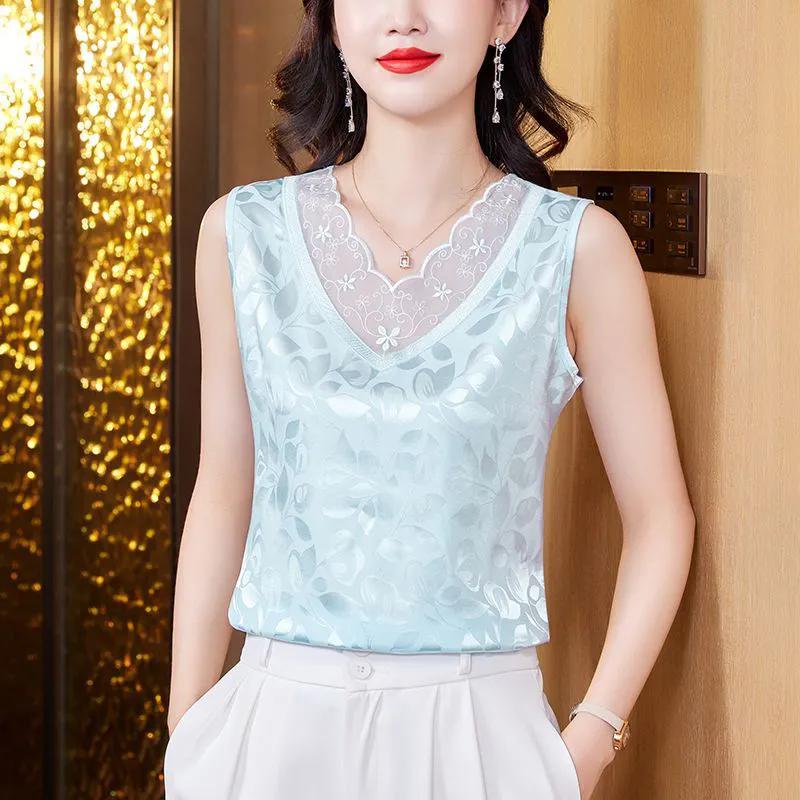 WTEMPO Large Size Satin Jacquard Camisole Vests for Women Spring Summer Solid Color Loose Lace Patchwork Sleeveless Tops
