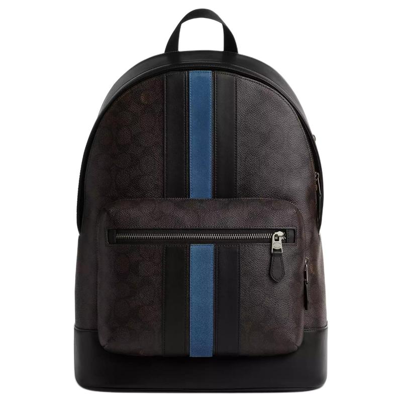 

COACH West 32 college style striped old flower all over print coated canvas backpack large size men s gun gray сірий колір