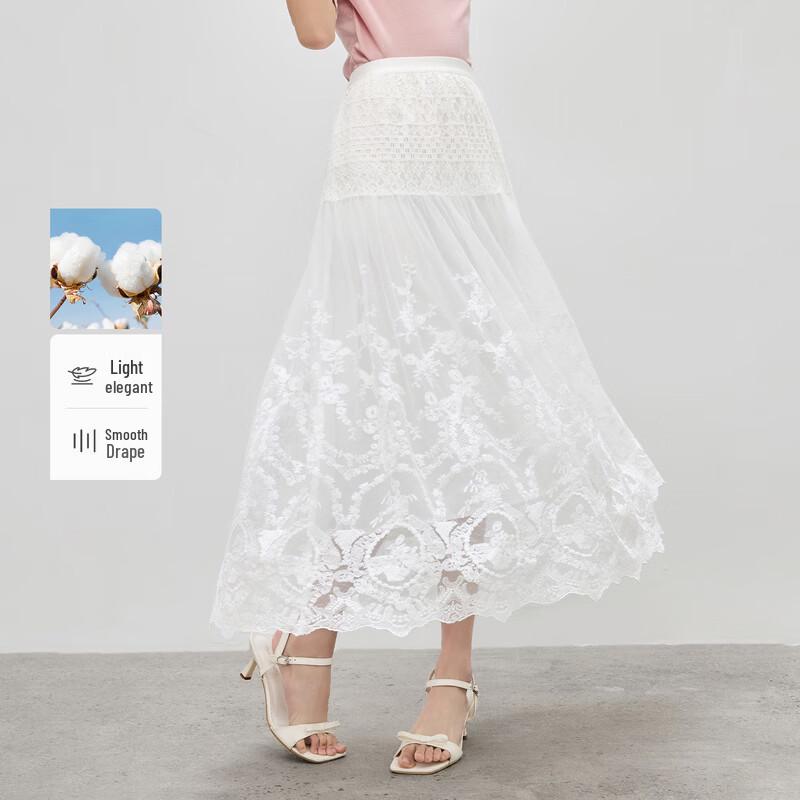 Elegant French Lace Embroidered Midi Skirt L