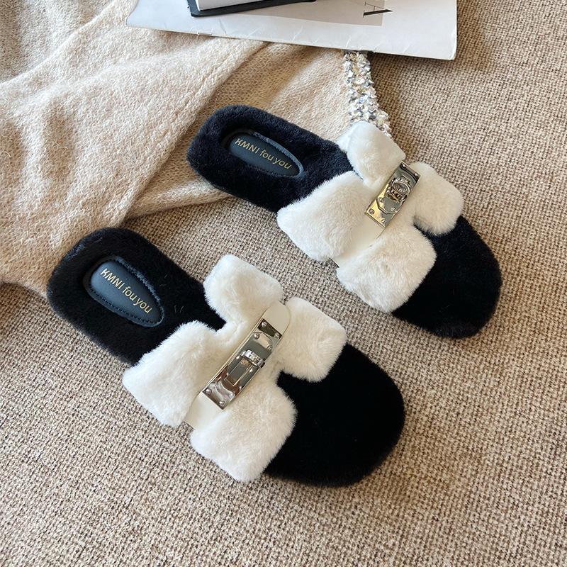 666-8 Korean version of small gold buckle outer wear Mao Mao shoes women's autumn and winter 2025 new thickened plush Mao slippers cotton shoes