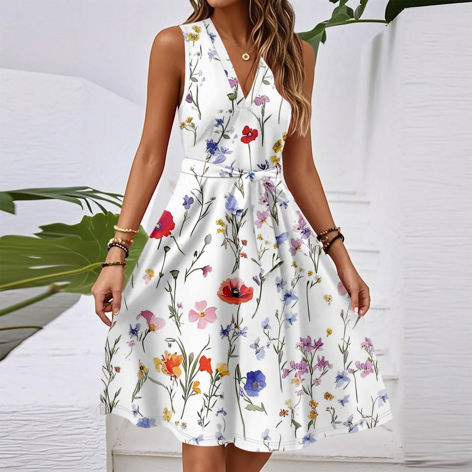 

Women s Spring And Summer Casual V-Neck Sleeveless Waist Floral Print Midi Dress XL білий