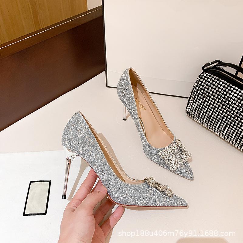 Pointed crystal high heels women's 2025 new temperament thin heel RV square buckle rhinestone main wedding shoes bridal shoes