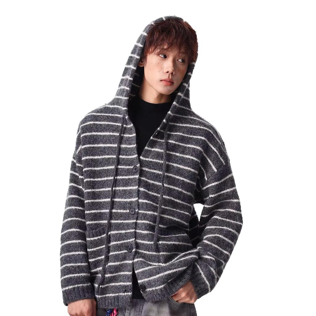 Unisex Schwergewichtiger, gestreifter Kapuzencardigan, Herbst/Winter, Koreanischer Stil, Strickpullover aus Wolle für Paare.