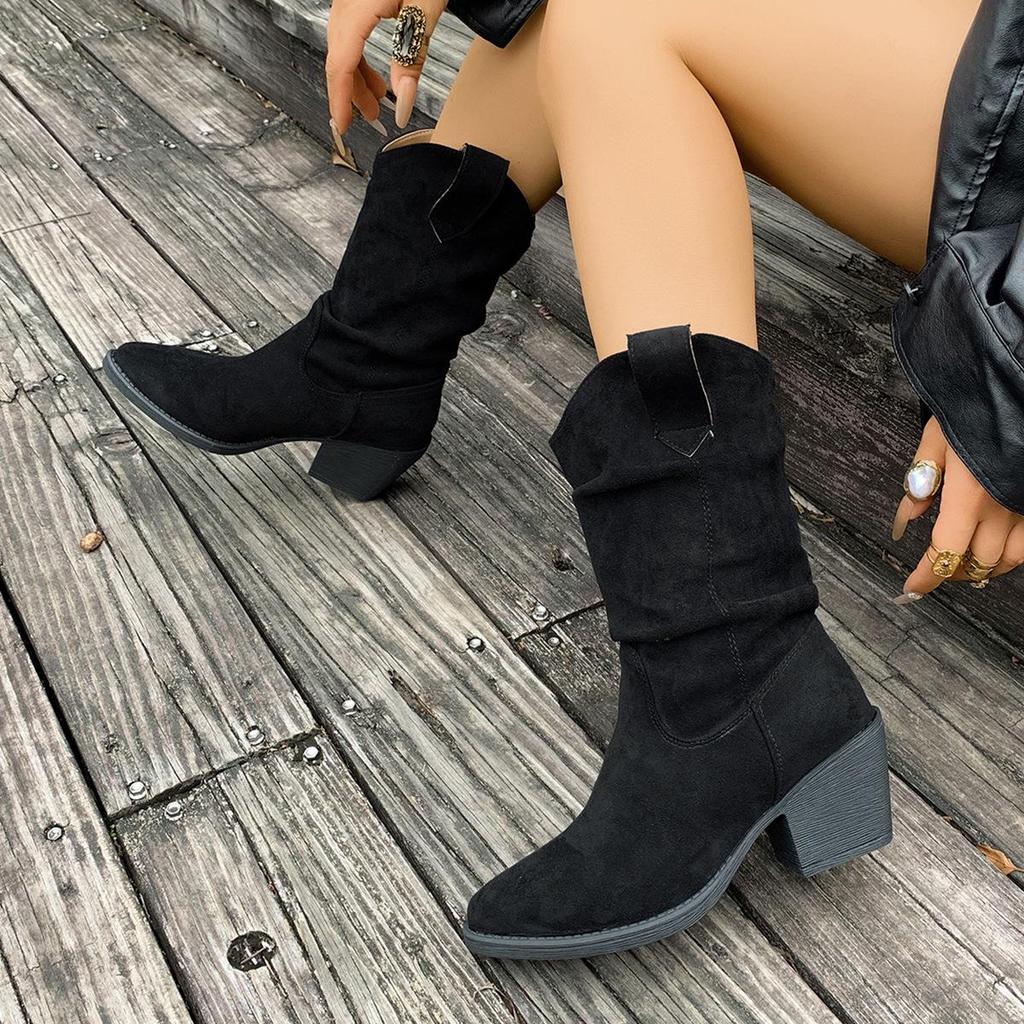 Women's Chunky Heel Retro Mid-Calf Western Boots - 2025 Autumn/Winter Collection