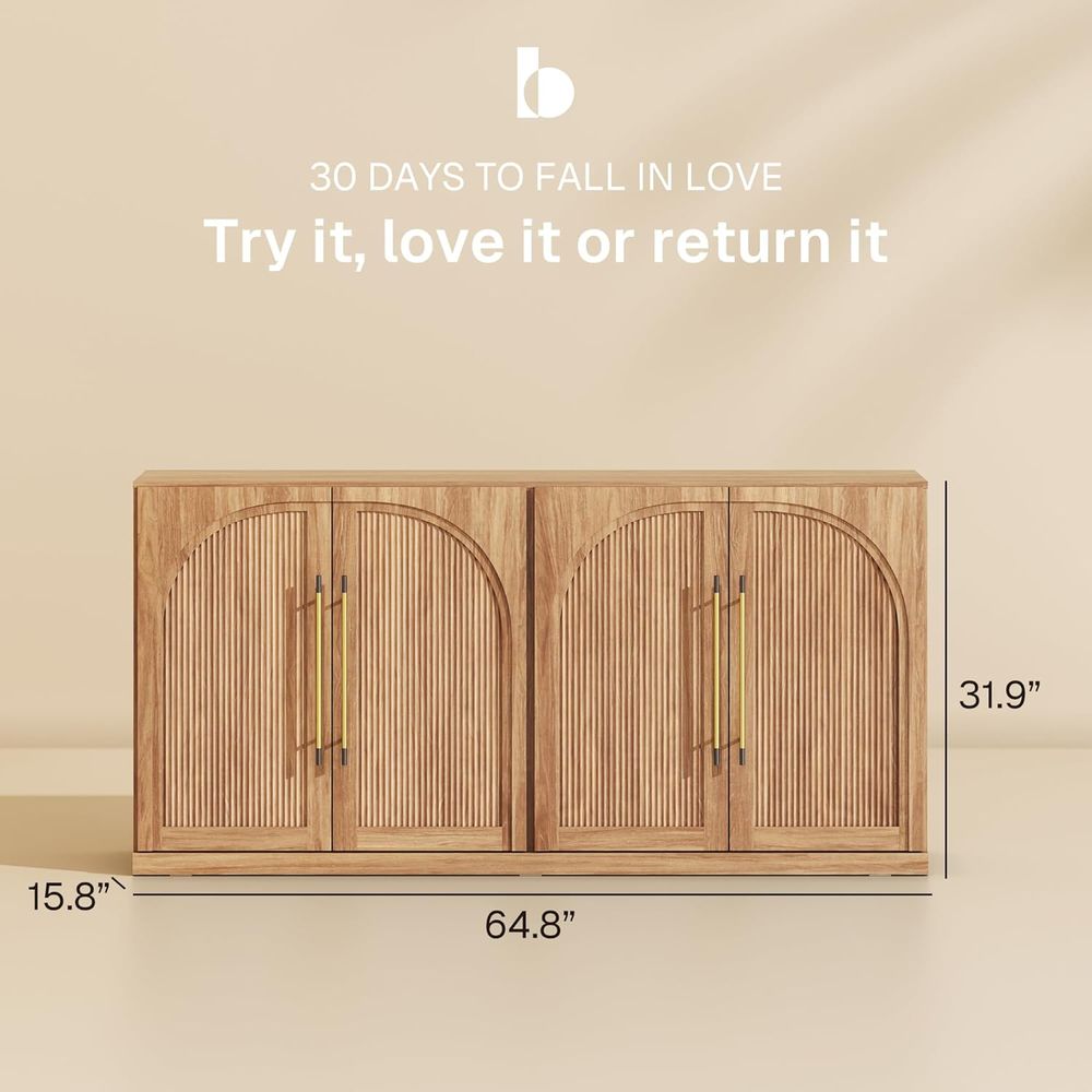 65 Tall Freestanding Accent Cabinet with Adjustable Shelves, Arched Design & Gold Handles for Living, Dining Rooms or Entryways
