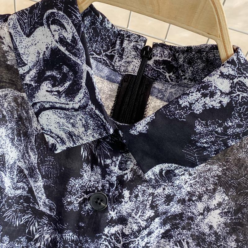 RUGOD 2022 Sommer Ny Revers Kortermet Lett Velkjent Stil Over-kneet Retro Print Kjole Elegant Midje og Stor Sving Lang Kjole