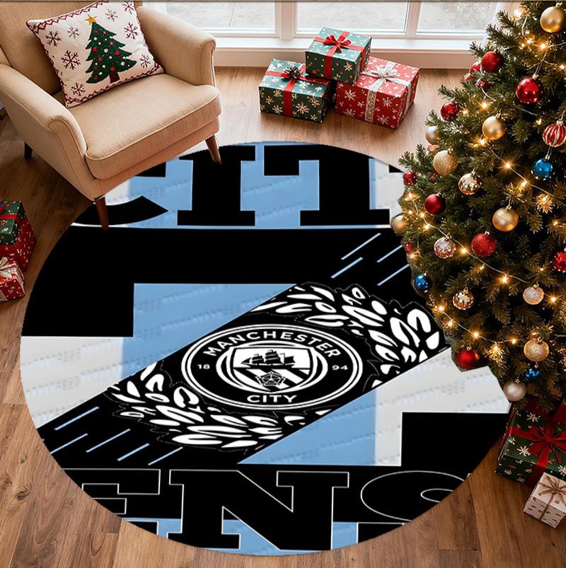Manchester City FC Pattern Round Rug, Indoor/Outdoor Mat, for Picnic, Gameroom, Bedroom, Office, Living Room, Home Decor Carpet, Birthday Gift