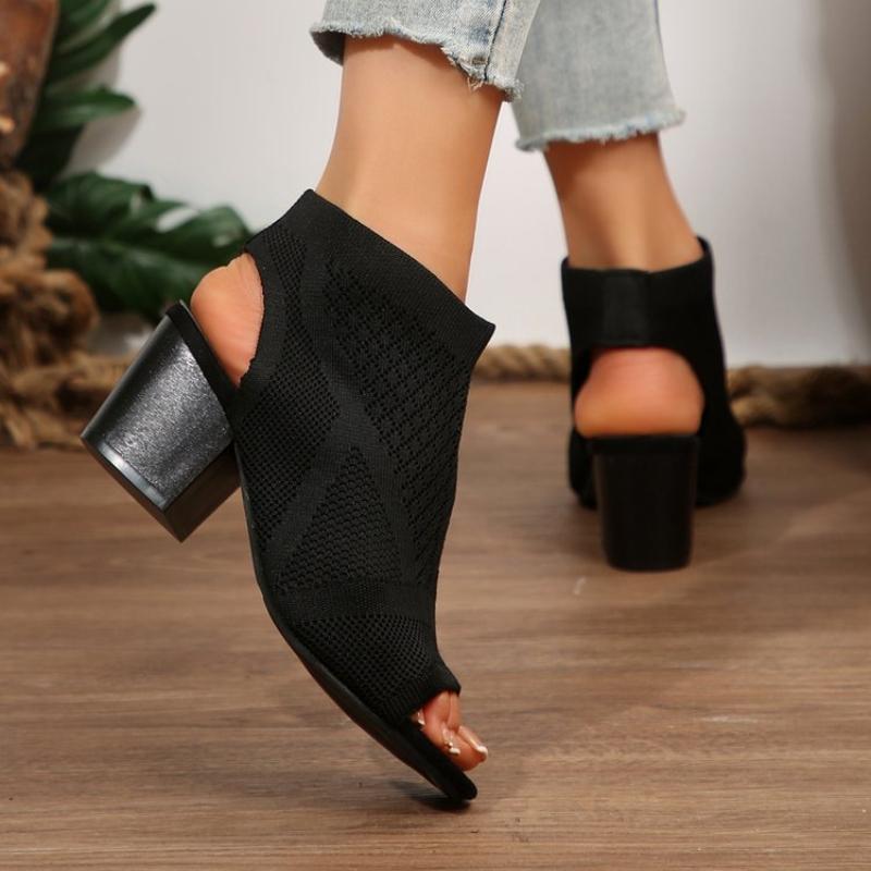 Damen-Sandalen mit klobigem Absatz, Strick-Peep-Toe, Schlupfschuh, Slingback, niedrige Absätze, modische Stoffsandalen