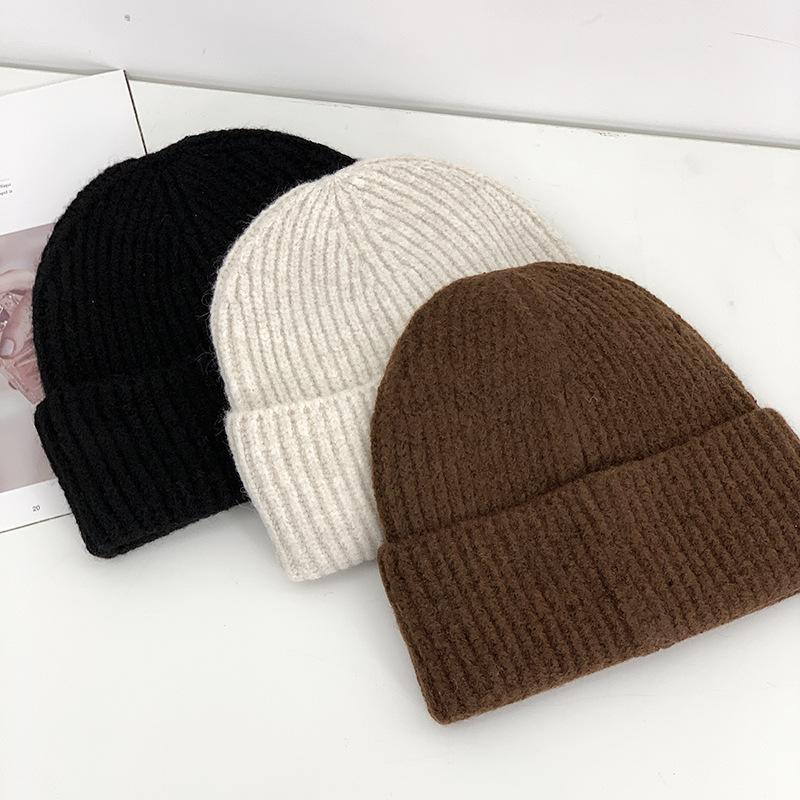 Hat Women's Solid Color Versatile Face Small Knitted Hat Tide Autumn and Winter Wool Hat Warm Ear Protector Cold Hat Pullover Hat