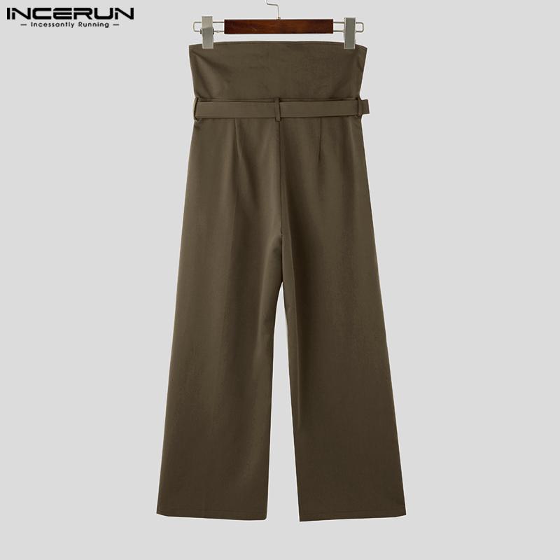 INCERUN Men High Waist Zipper Straight Pants Solid Casual Loose Long Trousers
