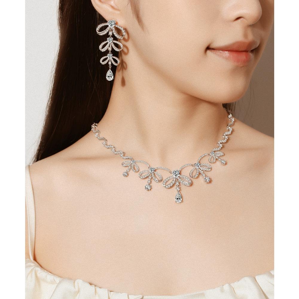 Vintage Heavy Bow Drop Choker Light Luxury Necklace Sparkling Zircon Earrings Women Jewelry Set