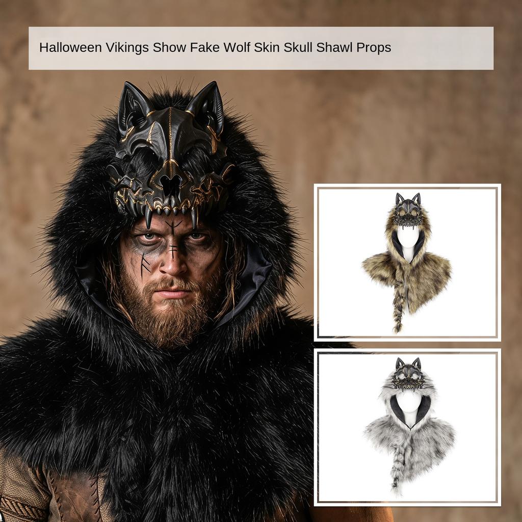 Středověký vikingský plášť z umělé vlčí kůže s lebkou, kostým na halloweenskou párty, cosplay rekvizita, plášť na ramena z umělé kožešiny