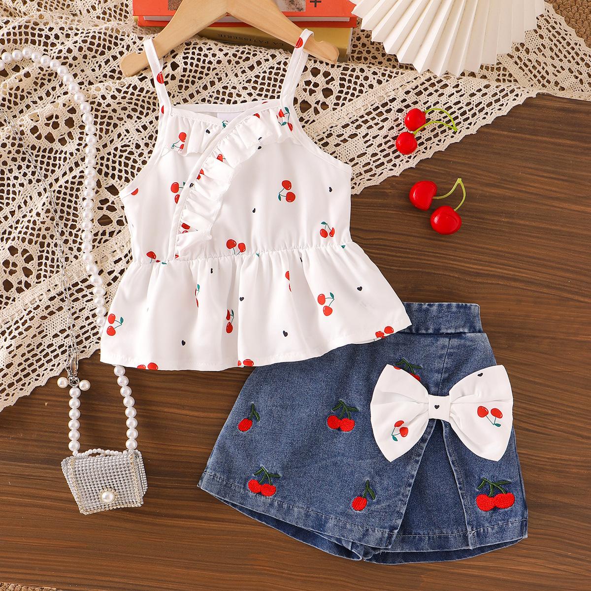 Girls Cherry Print Rompers Summer Children s Embroidered Denim Skirt and Pants Two-Piece Set 2-3Y