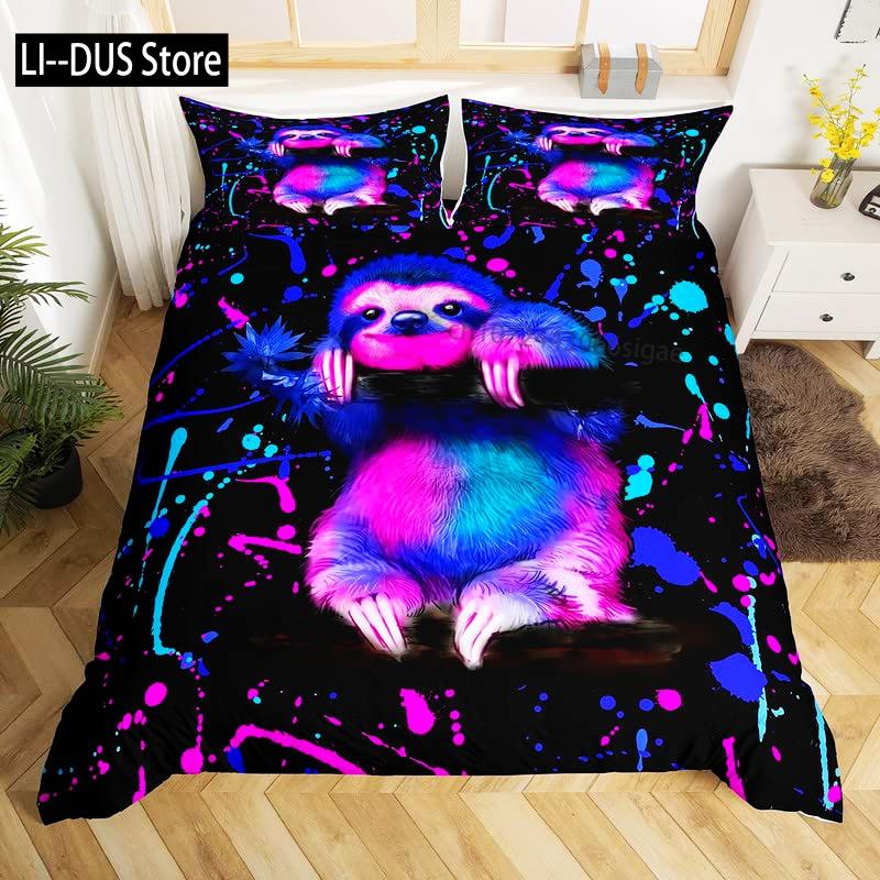 Cartoon Sloth Duvet Cover Bedding Set for Kid Girls Cute Animal Comforter Cover 1 Duvet Cover with 2 Pillowcases King Full Size