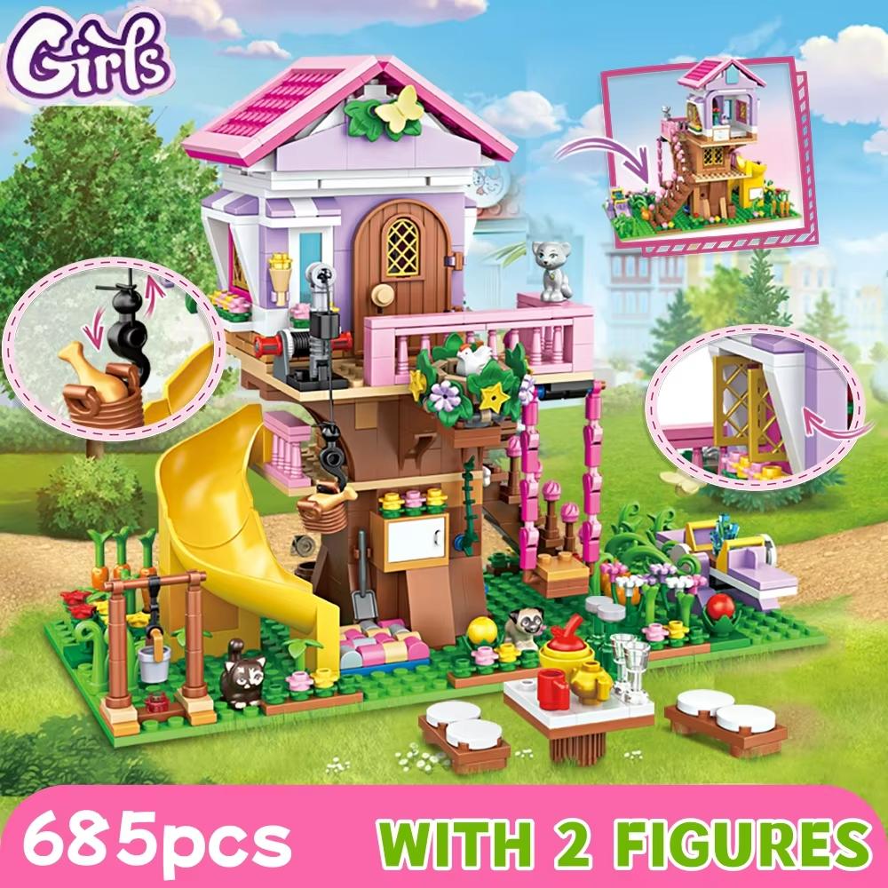 Freundschaft Camping Baumhaus Traum Rutsche Wald Villa Bausteine Mädchen Serie Steine Hütte Modell Zusammenbau Spielzeug Kinder Geschenke