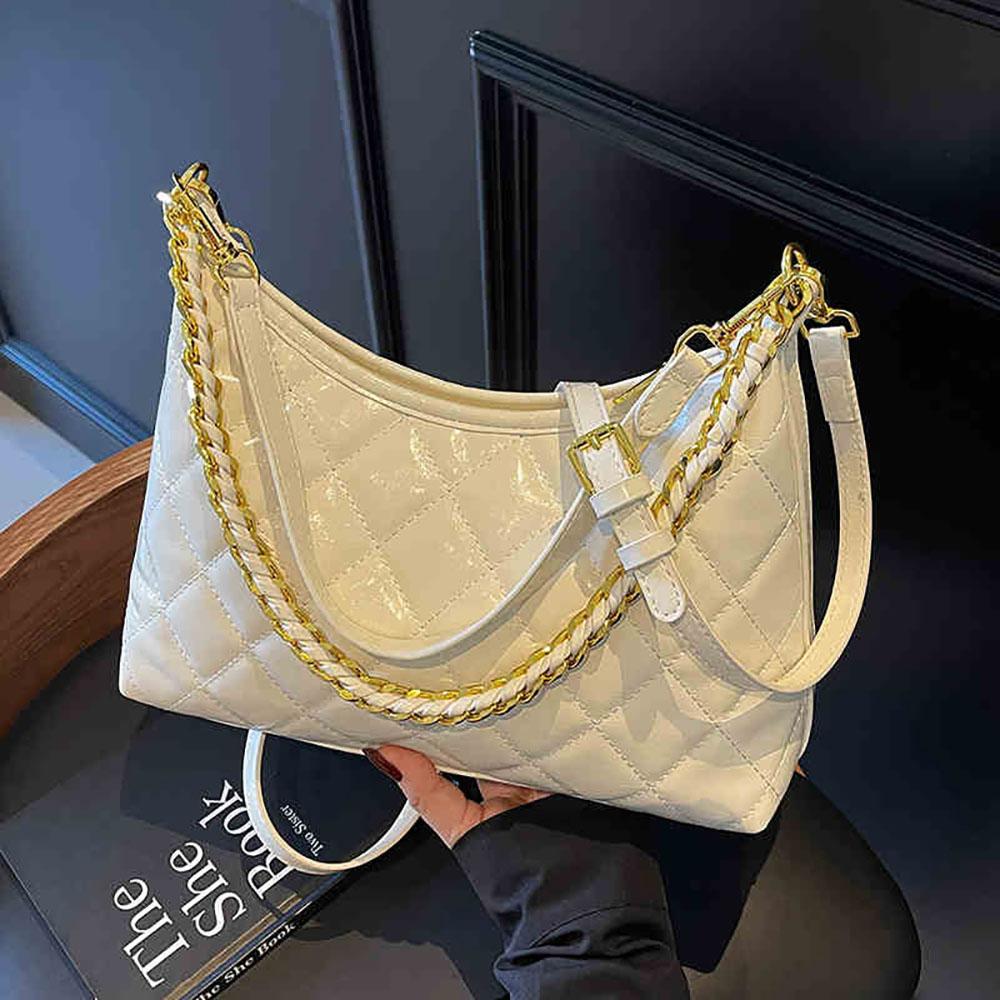 Women Chains Shoulder Bags Trendy Diamd Lattice Thread Underarm Bag Luxury Designer Lady Oil Wax Leather Large Capacity Totes