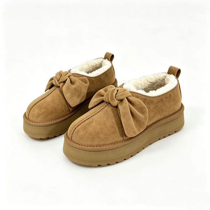 Womens Winter Flat Snow Boots With Bow Detail Genuine Leather Fur-Lined Slip-On Ankle