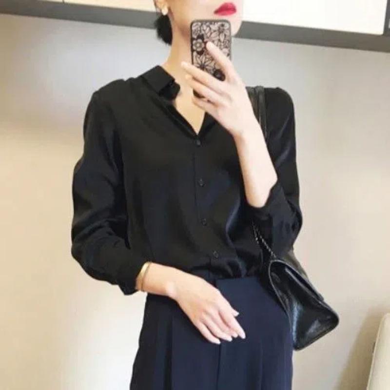 Fashion Spring Autumn Satin Face Shirts Women Turn-down Collar Solid Single Breasted Long Sleeve Temperament Office Lady Blouses