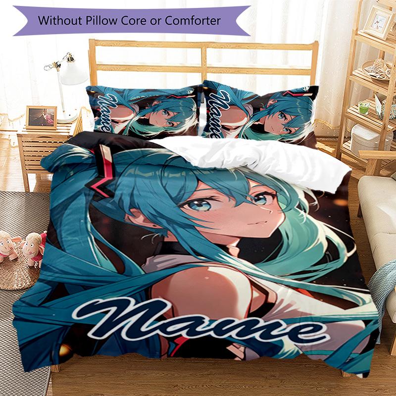 Set Copripiumino Hatsune Miku 3 Pezzi - Nome Personalizzato, Biancheria da Letto Stampata HD con 1 Copripiumino e 2 Federe - Perfetto per l'Arredamento della Casa, Facile da Curare